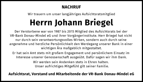 Traueranzeige von Johann Briegel von Günzburger Zeitung