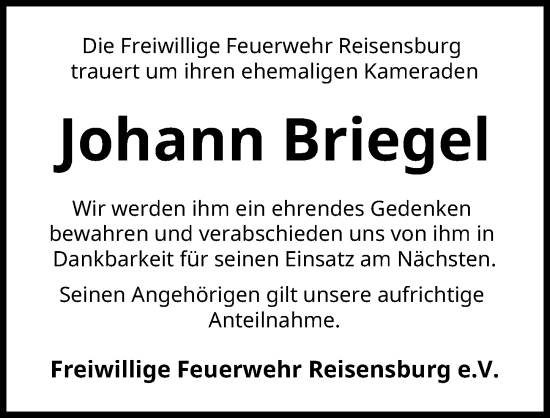 Traueranzeige von Johann Briegel von Günzburger Zeitung