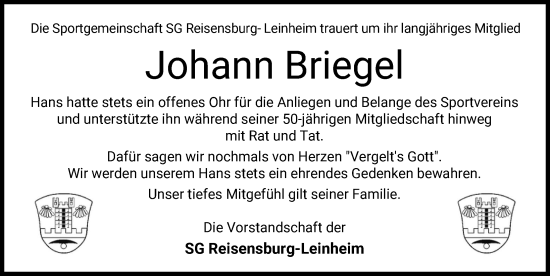 Traueranzeige von Johann Briegel von Günzburger Zeitung