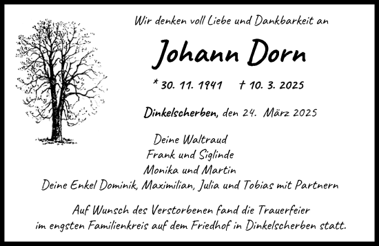 Traueranzeige von Johann Dorn von Augsburg-Land