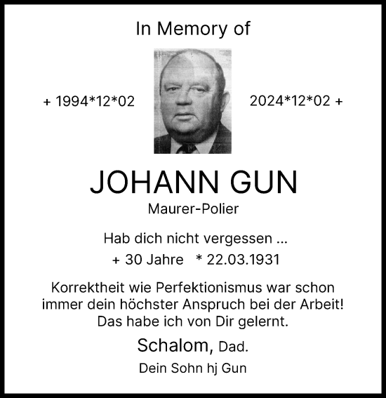 Traueranzeige von Johann Gun von Donau Zeitung