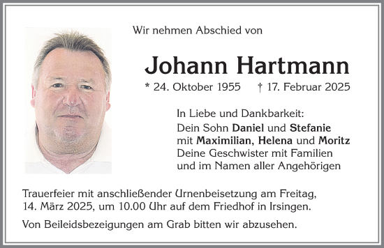 Traueranzeige von Johann Hartmann von Mindelheimer Zeitung