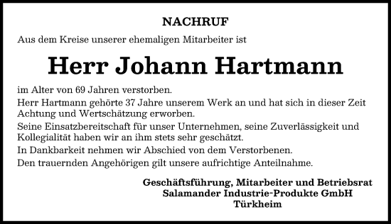 Traueranzeige von Johann Hartmann von Mindelheimer Zeitung