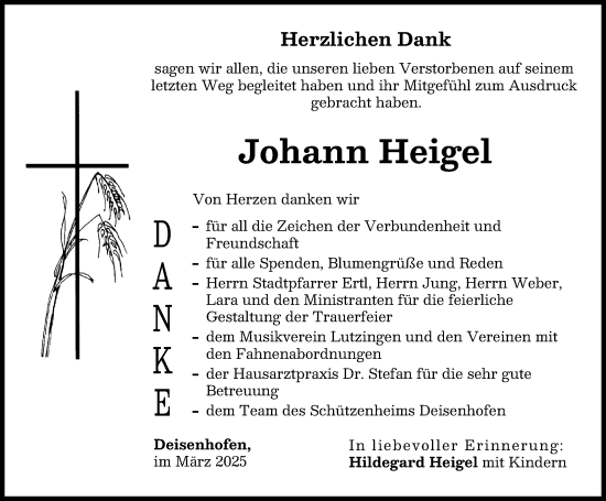 Traueranzeige von Johann Heigel von Donau Zeitung