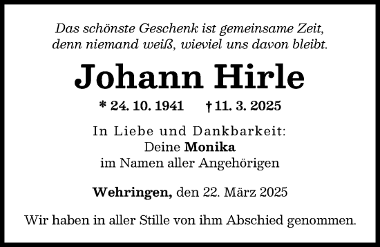 Traueranzeige von Johann Hirle von Schwabmünchner Allgemeine
