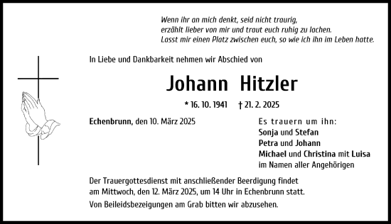Traueranzeige von Johann Hitzler von Donau Zeitung