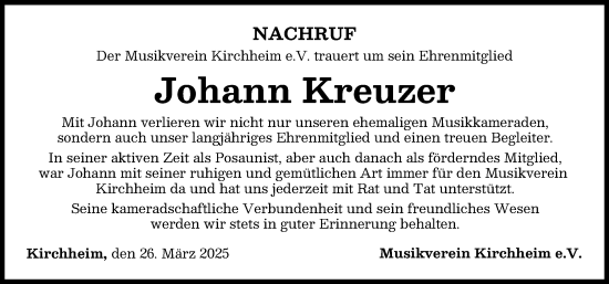 Traueranzeige von Johann Kreuzer von Mindelheimer Zeitung