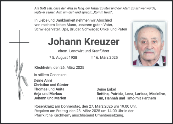 Traueranzeige von Johann Kreuzer von Mindelheimer Zeitung