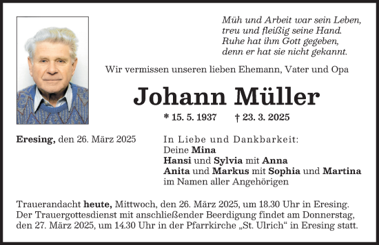 Traueranzeige von Johann Müller von Landsberger Tagblatt