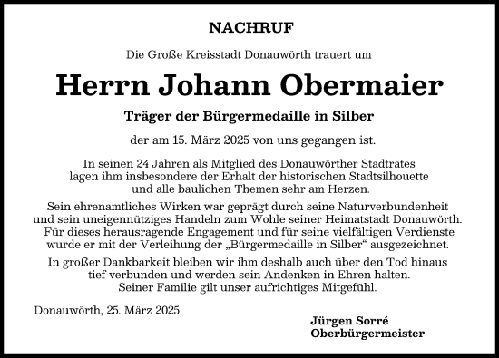 Traueranzeige von Johann Obermaier von Donauwörther Zeitung