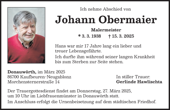 Traueranzeige von Johann Obermaier von Donauwörther Zeitung