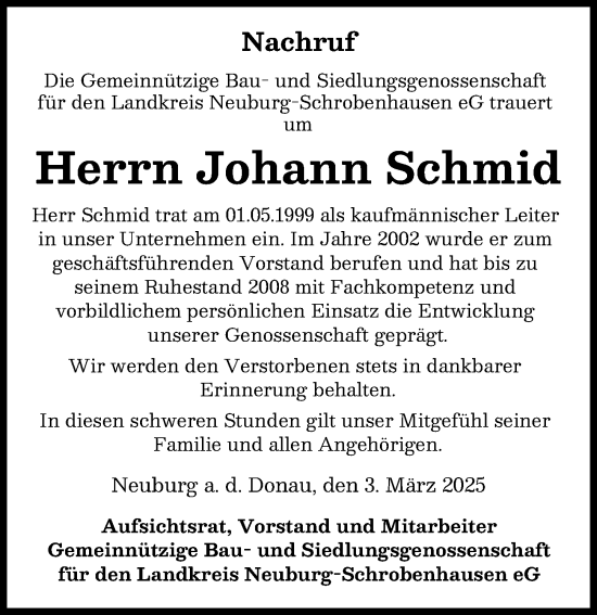 Traueranzeige von Johann Schmid von Neuburger Rundschau