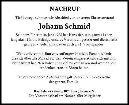 Traueranzeige von Johann Schmid von Neuburger Rundschau