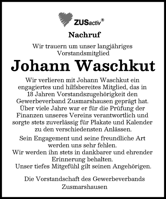Traueranzeige von Johann Waschkut von Augsburg-Land