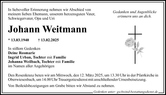Traueranzeige von Johann Weitmann von Mittelschwäbische Nachrichten