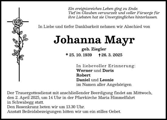 Traueranzeige von Johanna Mayr von Schwabmünchner Allgemeine
