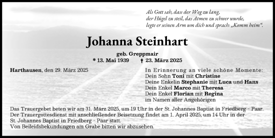 Traueranzeige von Johanna Steinhart von Friedberger Allgemeine