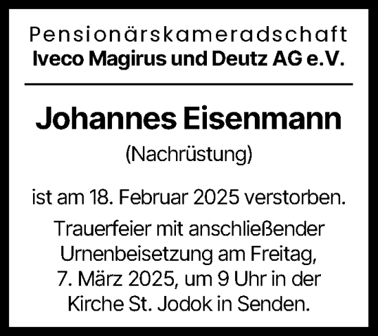 Traueranzeige von Johannes Eisenmann von Illertisser Zeitung, Günzburger Zeitung, Neu-Ulmer Zeitung