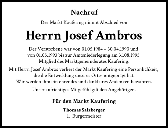 Traueranzeige von Josef Ambros von Landsberger Tagblatt