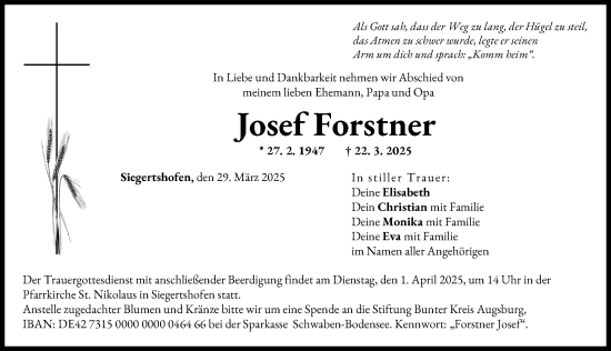 Traueranzeige von Josef Forstner von Schwabmünchner Allgemeine