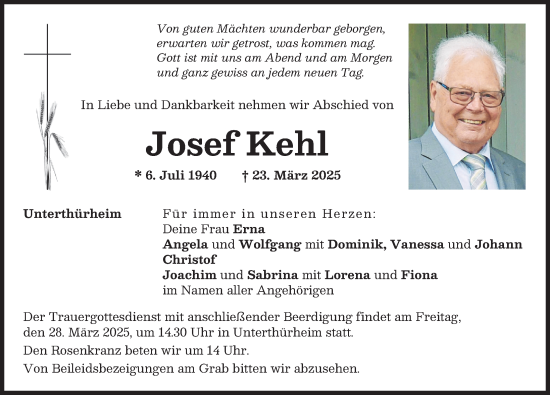 Traueranzeige von Josef Kehl von Wertinger Zeitung