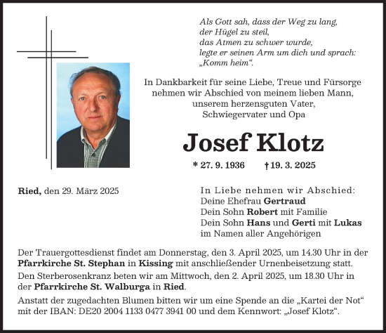 Traueranzeige von Josef Klotz von Friedberger Allgemeine
