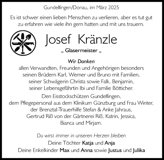 Traueranzeige von Josef Kränzle von Donau Zeitung