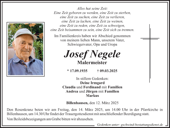 Traueranzeige von Josef Negele von Mittelschwäbische Nachrichten