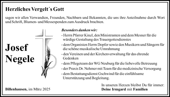 Traueranzeige von Josef Negele von Mittelschwäbische Nachrichten