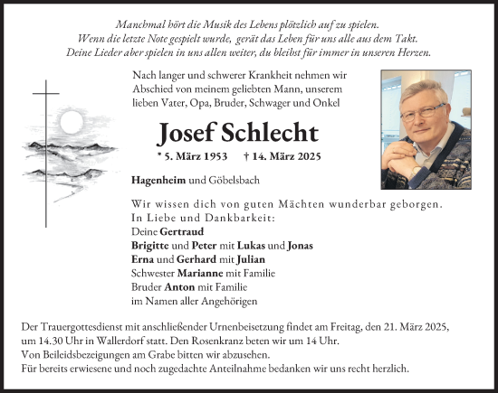 Traueranzeige von Josef Schlecht von Donauwörther Zeitung