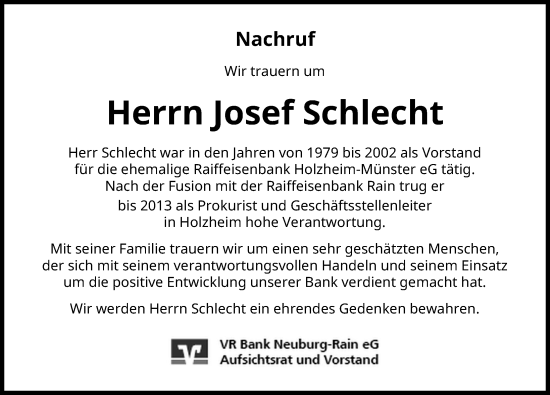 Traueranzeige von Josef Schlecht von Donauwörther Zeitung