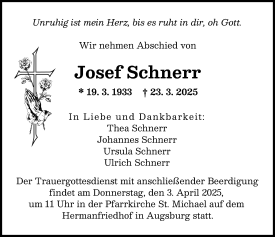 Traueranzeige von Josef Schnerr von Augsburger Allgemeine