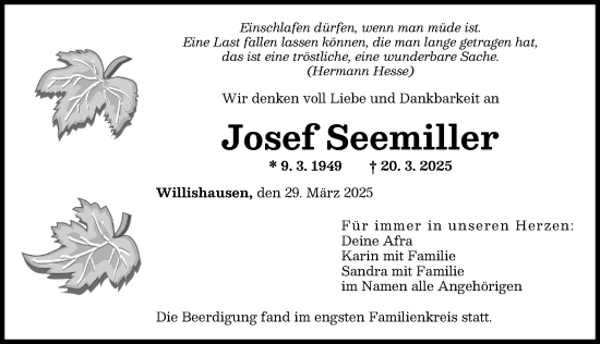 Traueranzeige von Josef Seemiller von Augsburger Allgemeine