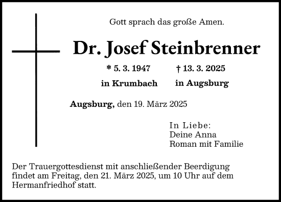 Traueranzeige von Josef Steinbrenner von Mittelschwäbische Nachrichten, Augsburger Allgemeine