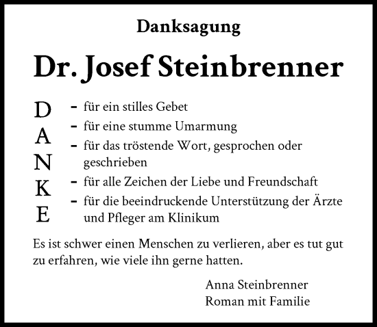 Traueranzeige von Josef Steinbrenner von Augsburger Allgemeine