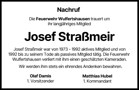 Traueranzeige von Josef Straßmeir von Friedberger Allgemeine