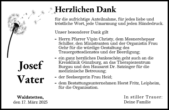 Traueranzeige von Josef Vater von Günzburger Zeitung
