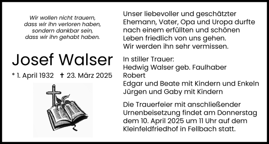 Traueranzeige von Josef Walser von Mittelschwäbische Nachrichten