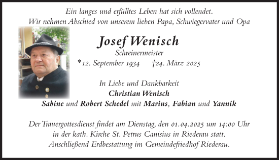 Traueranzeige von Josef Wenisch von Landsberger Tagblatt