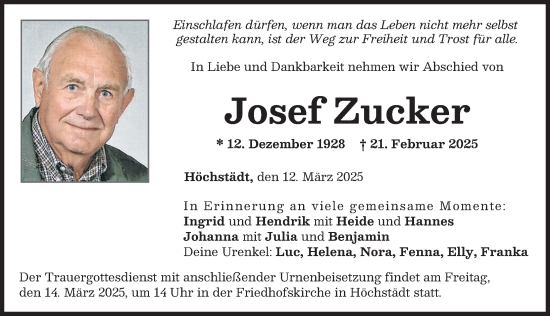 Traueranzeige von Josef Zucker von Donau Zeitung