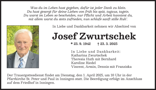 Traueranzeige von Josef Zwurtschek von Augsburger Allgemeine