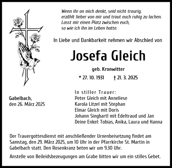 Traueranzeige von Josefa Gleich von Augsburg-Land, Günzburger Zeitung