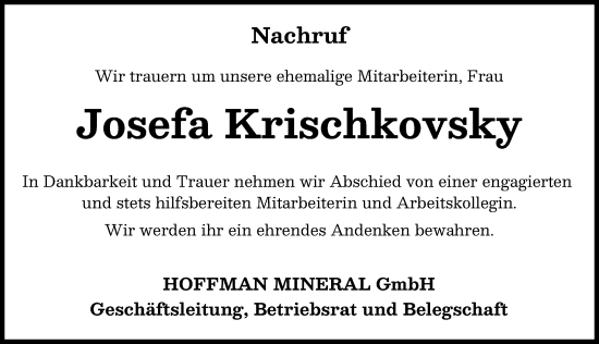 Traueranzeige von Josefa Krischkovsky von Neuburger Rundschau