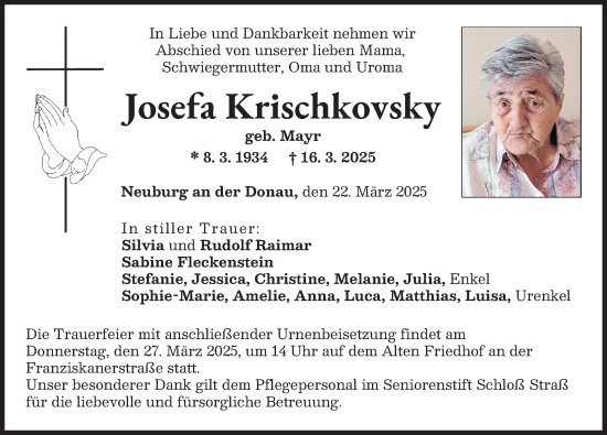 Traueranzeige von Josefa Krischkovsky von Neuburger Rundschau