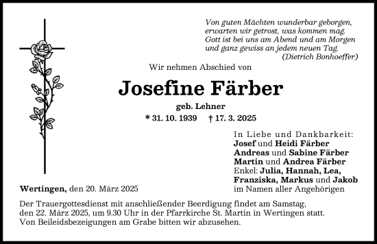 Traueranzeige von Josefine Färber von Wertinger Zeitung