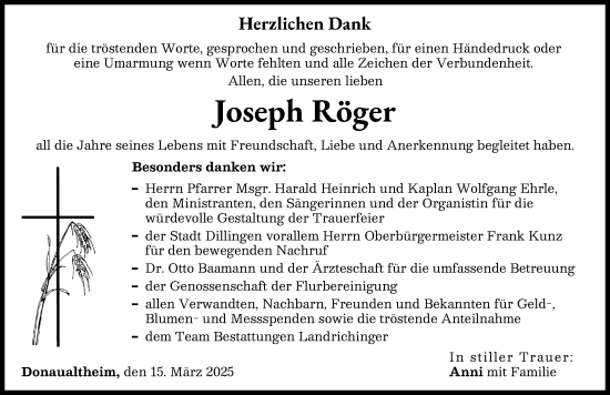 Traueranzeige von Joseph Röger von Donau Zeitung