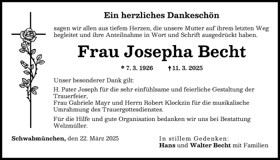 Traueranzeige von Josepha Becht von Schwabmünchner Allgemeine