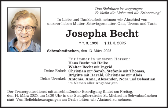 Traueranzeige von Josepha Becht von Schwabmünchner Allgemeine