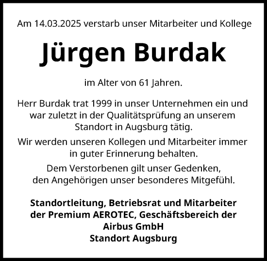 Traueranzeige von Jürgen Burdak von Augsburger Allgemeine
