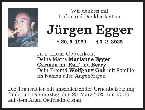 Traueranzeige von Jürgen Egger von Augsburger Allgemeine